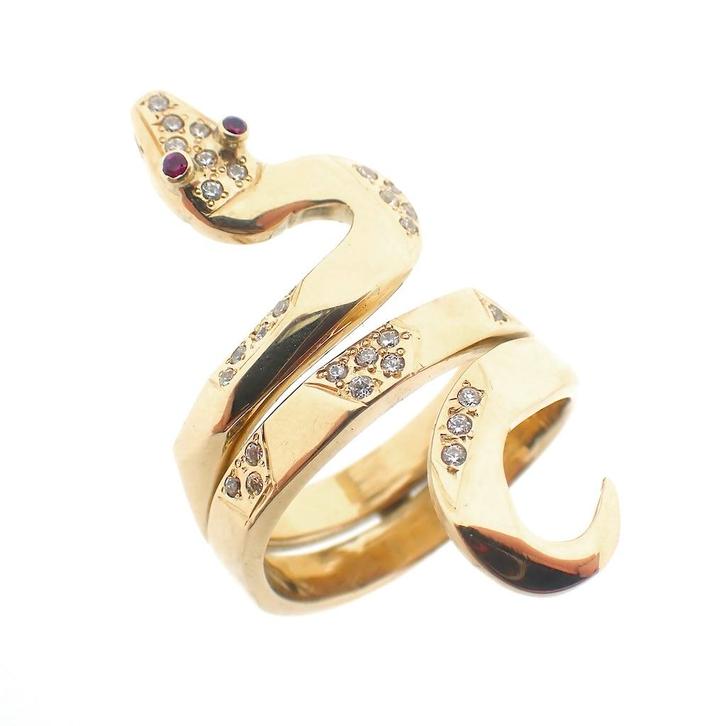 Gouden heren ring; Slang met robijn en zirconia (zegelring), Sieraden, Tassen en Uiterlijk, Ringen, Heer, Met edelsteen, Overige kleuren