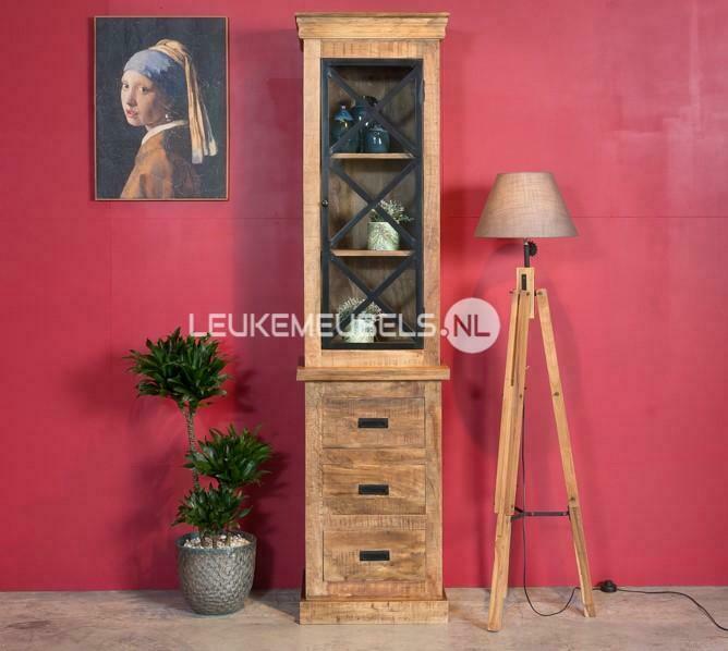Vitrinekast Emma 55 x 220 cm, Mangohout + staal, Huis en Inrichting, Kasten | Vitrinekasten, 25 tot 50 cm, Met lade(s), Met deur(en)