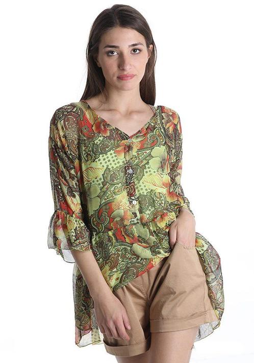 Zijde blouse met hemdje, v-hals, in GROEN, uitlopende, Kleding | Dames, T-shirts