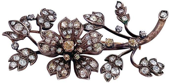 Broche - 18 karaat Geel goud, Zilver Diamant (Natuurlijk), Sieraden, Tassen en Uiterlijk, Antieke sieraden