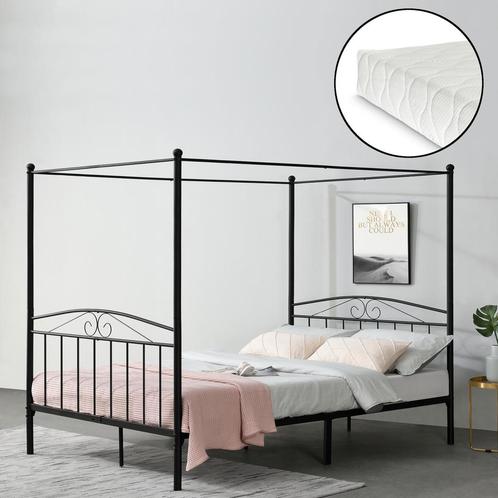 Metalen hemelbed Lahti zwart met matras 180x200 cm, Huis en Inrichting, Slaapkamer | Matrassen en Bedbodems, Nieuw, Verzenden