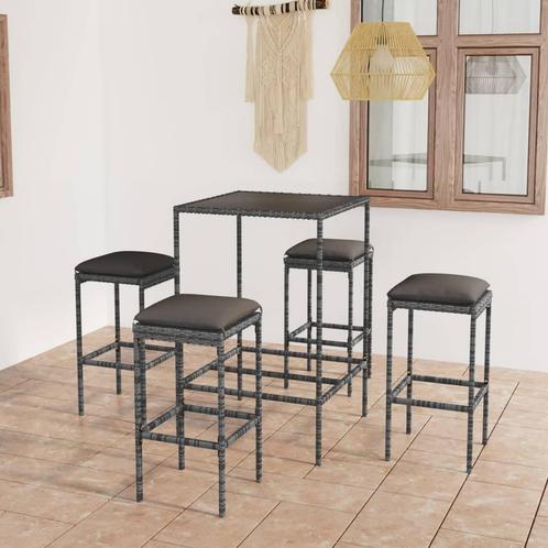vidaXL 5-delige Tuinbarset met kussens poly rattan grijs, Tuin en Terras, Tuinsets en Loungesets, Nieuw, 4 zitplaatsen, Rotan