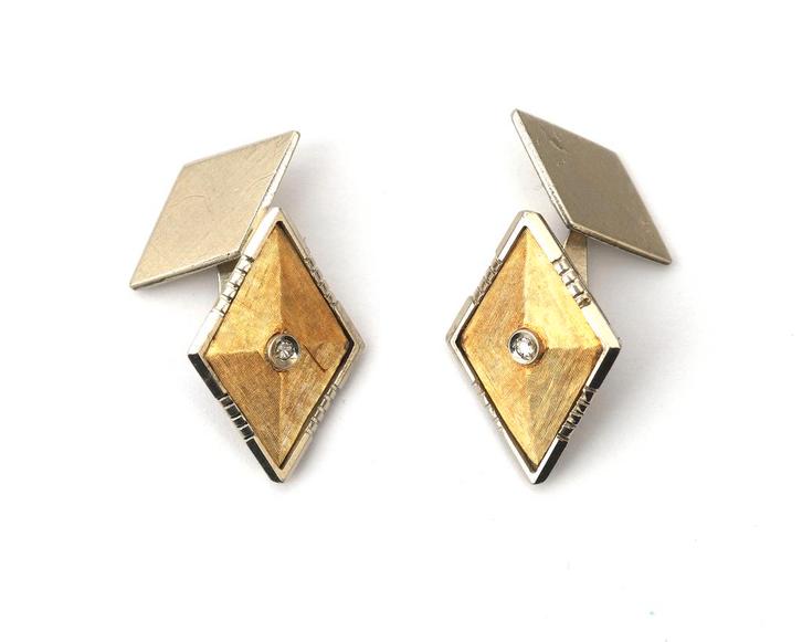 Een paar 18 krt. bicolor gouden manchetknopen met diamant, Sieraden, Tassen en Uiterlijk, Manchetknopen, Gebruikt