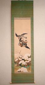 Winter Flower and Bird painting - Twin wild Ducks flying in