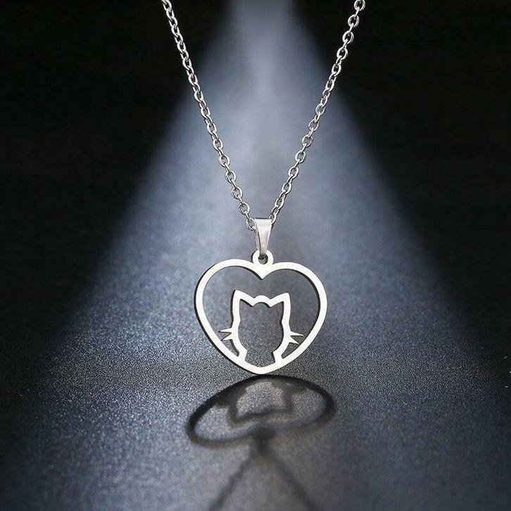 Katten halsketting Zilverkleurig In your heart, Sieraden, Tassen en Uiterlijk, Kettingen, Zilver, Nieuw, Met hanger, Overige materialen