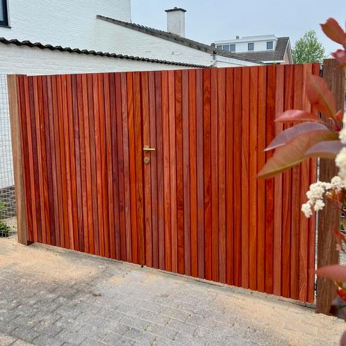 Eiken en padouk hardhouten poorten op maat, Tuin en Terras, Tuinpoorten, Draaipoort, Nieuw, Hout, Ophalen of Verzenden