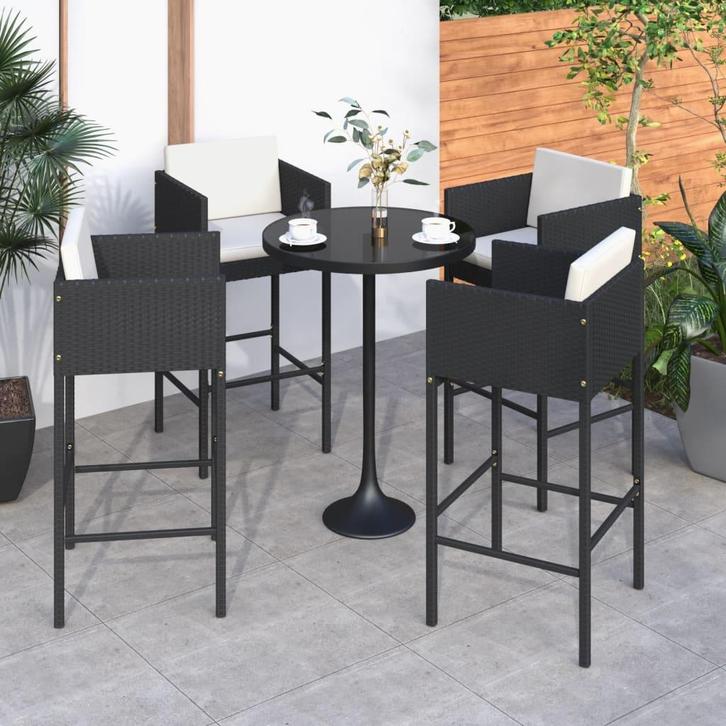 vidaXL Barkrukken 4 st met kussens poly rattan zwart, Tuin en Terras, Tuinstoelen, Nieuw, Rotan, Verzenden