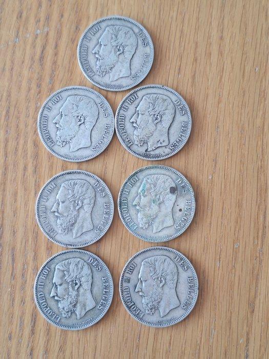 België. Leopold II. 5 Francs Lot 7 x (Zonder minimumprijs), Postzegels en Munten, Munten | Nederland