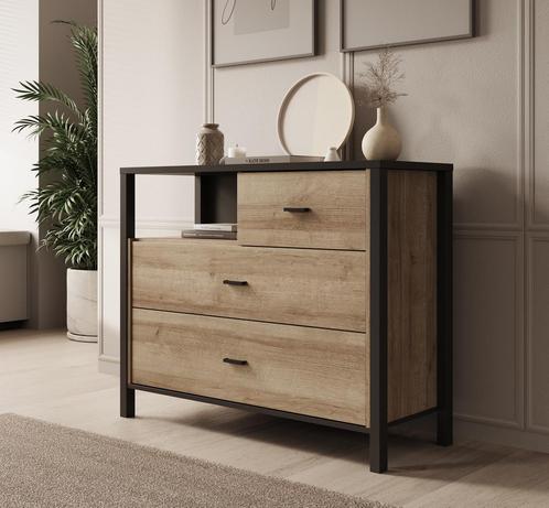 Meubella | Ladekast eiken zwart 105x40x85 cm - 3 lades, Huis en Inrichting, Kasten | Ladekasten, 25 tot 50 cm, Nieuw, 100 tot 150 cm