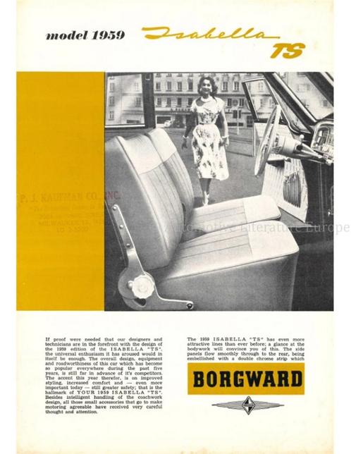 1959 BORGWARD ISABELLA TS BROCHURE ENGELS (USA), Boeken, Auto's | Folders en Tijdschriften