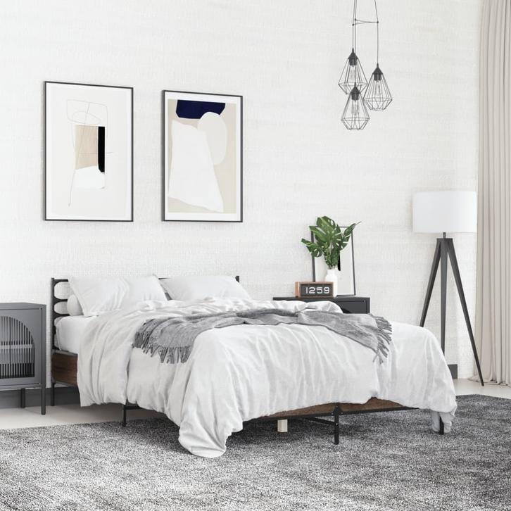 vidaXL Bedframe bewerkt hout metaal bruin eikenkleur 120x190, Huis en Inrichting, Slaapkamer | Bedden, 120 cm, 190 cm of minder
