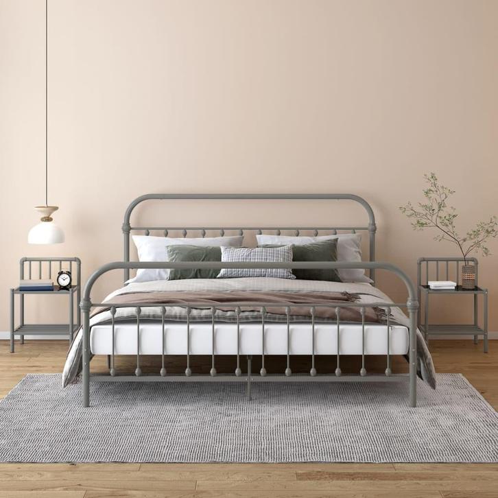 vidaXL Nachtkastjes 2 st metaal en glas grijs en zwart, Huis en Inrichting, Slaapkamer | Nachtkastjes, Nieuw, Minder dan 45 cm