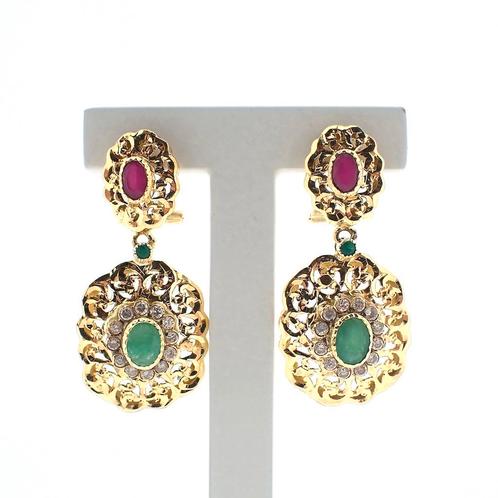 18 Krt. Gouden Oosterse oorbellen met robijn en smaragd, Sieraden, Tassen en Uiterlijk, Oorbellen, Overige kleuren, Gebruikt, Met edelsteen