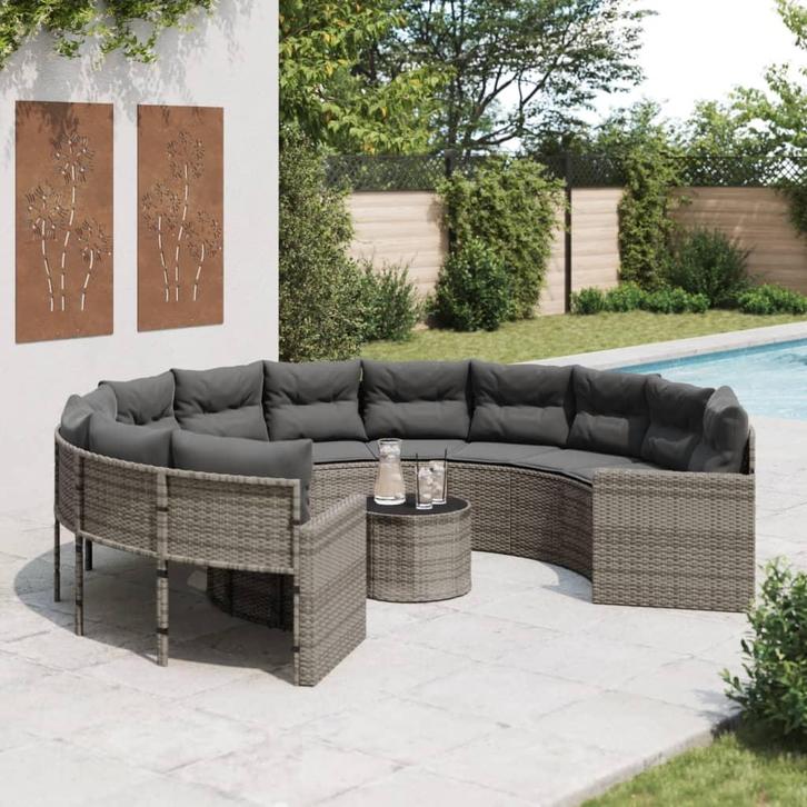 vidaXL Tuinbank met tafel en kussens rond poly rattan grijs, Tuin en Terras, Tuinsets en Loungesets, Nieuw, Rotan, Verzenden