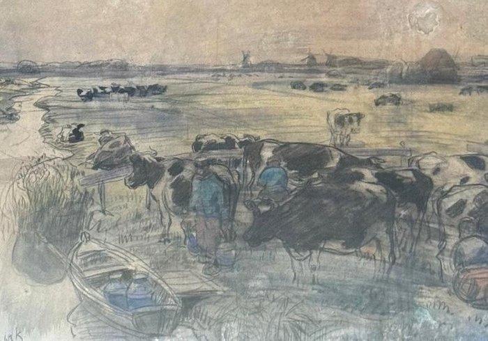 Paul Rink (1861-1903) - Al pascolo, Antiek en Kunst, Kunst | Schilderijen | Klassiek