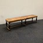 Antiek houten halbankje, (bxd) 176x36 cm, hout - leer, Huis en Inrichting, Ophalen of Verzenden, Gebruikt, Leer