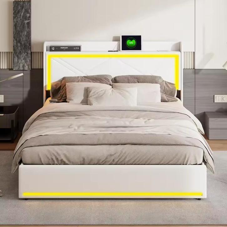 Gestoffeerd Bed 160x200 met LED/USB Lift Opbergruimte PU, Huis en Inrichting, Slaapkamer | Bedden, Nieuw, Verzenden