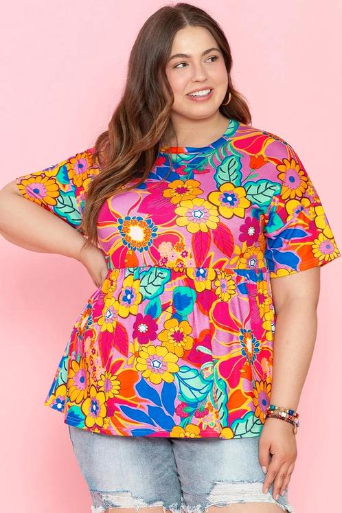 Pink Floral Print Short Sleeve Plus Size Babydoll Blouse - (, Kleding | Dames, Grote Maten, Nieuw, Verzenden