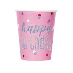 Happy Birthday Bekers Roze Glitter 266ml 8st, Verzenden, Nieuw