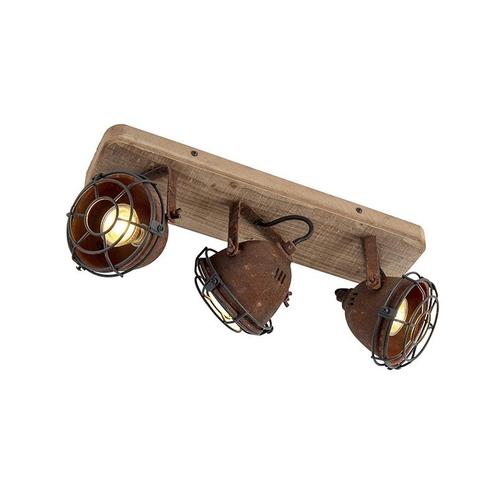 Industriële spot roestbruin met hout kantelbaar 3-lichts -, Huis en Inrichting, Lampen | Spots, Nieuw, Overige materialen