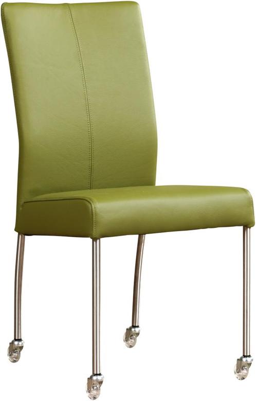 Blauwe leren moderne eetkamerstoel - poot rond rvs met wiel, Huis en Inrichting, Stoelen, Eén, Overige kleuren, Nieuw, Leer, Ophalen of Verzenden
