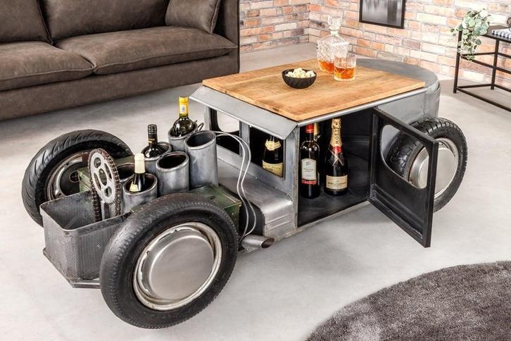 Vintage salontafel HOT ROD 160cm staal mangohout bartafel, Huis en Inrichting, Tafels | Salontafels, Ophalen of Verzenden