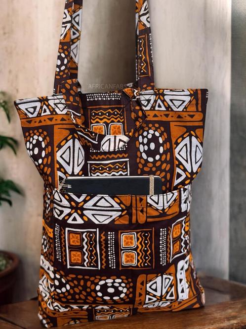 Shopper tas met Afrikaanse print - Bruine Bogolan - Herbruik, Hobby en Vrije tijd, Stoffen en Lappen, Nieuw, Ophalen of Verzenden