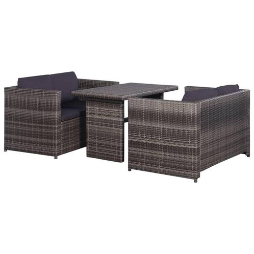 vidaXL 3-delige Bistroset met kussens poly rattan grijs, Tuin en Terras, Tuinsets en Loungesets, Nieuw, 3 zitplaatsen, Rotan, Verzenden