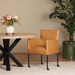 Set van 6 cognac leren eetkamerstoelen - met wieltjes en arm, Overige kleuren, Nieuw, Leer, Ophalen of Verzenden