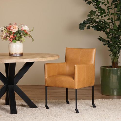 Set van 6 cognac leren eetkamerstoelen - met wieltjes en arm, Huis en Inrichting, Stoelen, Vijf, Zes of meer stoelen, Overige kleuren