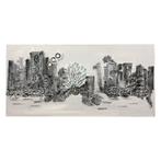 Skyline van stad - grijstinten met blauw - 80 x 160 cm, Antiek en Kunst, Ophalen of Verzenden