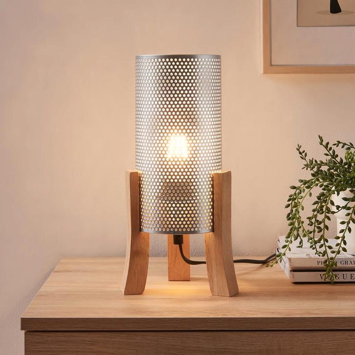 Tafellamp Joelleldsvin 30x14x14 cm E27 houtkleurig en zilver, Huis en Inrichting, Lampen | Tafellampen, Verzenden
