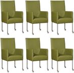 Set van 6 Groene leren moderne eetkamerstoelen - poot rond r, Huis en Inrichting, Nieuw, Vijf, Zes of meer stoelen, Modern, Leer
