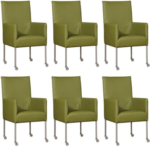 Set van 6 Groene leren moderne eetkamerstoelen - poot rond r, Huis en Inrichting, Stoelen, Vijf, Zes of meer stoelen, Nieuw, Leer