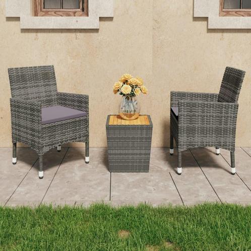 vidaXL 3-delige Bistroset poly rattan en acaciahout grijs, Tuin en Terras, Tuinsets en Loungesets, Nieuw, Rotan, Verzenden