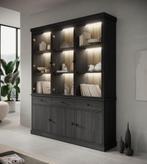 Meubella | Buffetkast zwart eiken 182cm - Vitrinekast LED, Huis en Inrichting, Kasten | Buffetkasten, 150 tot 200 cm, Nieuw, Modern