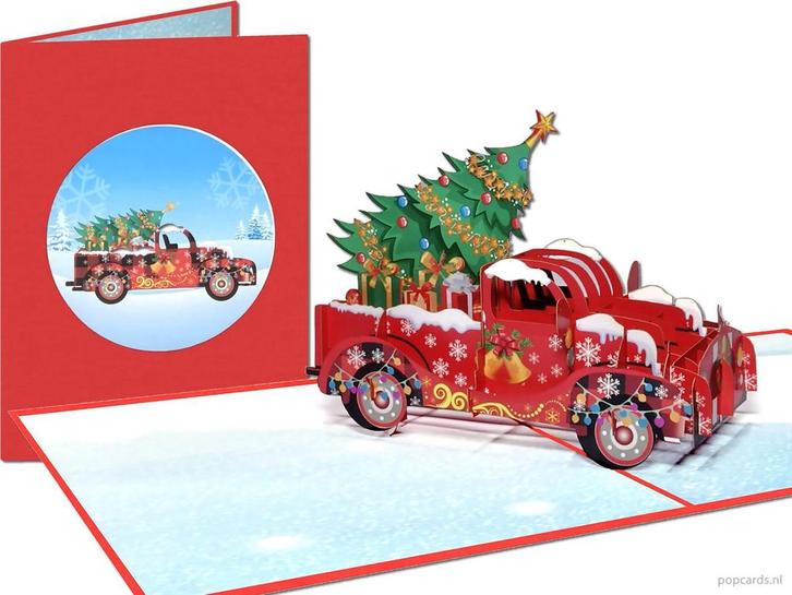 3D Kerstkaart Kerstboom versierde Kerstauto pop-up kaart, Diversen, Wenskaarten, Verzenden