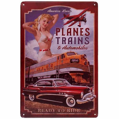 Metalen plaatje - Plaines, Trains and Automobiles NIEUW, Huis en Inrichting, Woonaccessoires | Tekstborden en Spreuken, Nieuw