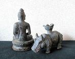 Beeld, 2x Objecten - Samadhi Mudra Boeddha + Nijlpaard, Antiek en Kunst
