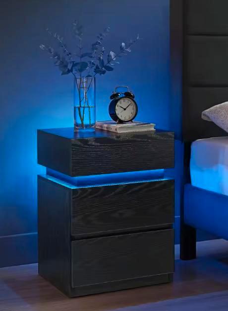 Nachtkastje met LED en 3 Lades – Zwart met Houtnerf Look, Huis en Inrichting, Kasten | Overige, Nieuw, Verzenden