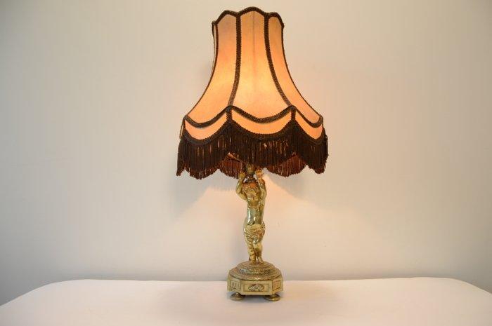 Tafellamp - Klassieke beeldhouwlamp - Messing, Leder, Linnen, Antiek en Kunst, Curiosa en Brocante