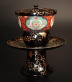 Makie-lak Tenmoku-set — theekopje met deksel en onderzetter