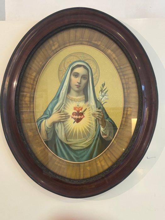Lijst - Heilige Hart Maria - 60 cm - Antiek - Glas, Hout,, Antiek en Kunst, Antiek | Boeken en Bijbels