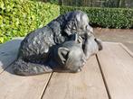 Beeld, garden statue bronze colored of dreaming cat and dog