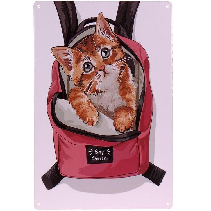 Metalen plaatje Poes in rugzak - say cheese - 21x33 cm NIEUW, Huis en Inrichting, Woonaccessoires | Tekstborden en Spreuken, Nieuw
