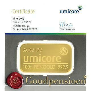 100 Gram Umicore Goudbaar met Certificaat 999,9 Puur Goud beschikbaar voor biedingen