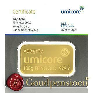 100 Gram Umicore Goudbaar met Certificaat 999,9 Puur Goud, Postzegels en Munten, Edelmetalen en Baren, Goud, Ophalen of Verzenden
