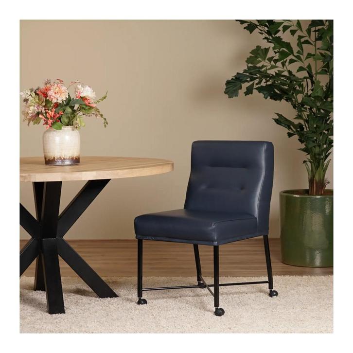 Set van 4 blauwe leren eetkamerstoelen Lucas met ronde RVS, Huis en Inrichting, Stoelen, Eén, Nieuw, Leer, Ophalen of Verzenden