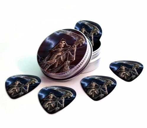 Blikje + plectrums met afbeelding van Magere Hein, Verzamelen, Overige Verzamelen, Nieuw, Ophalen of Verzenden