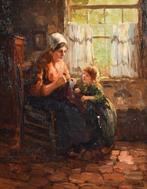 H. Endlich - (XX) - Mother and daughter knitting in interior, Antiek en Kunst
